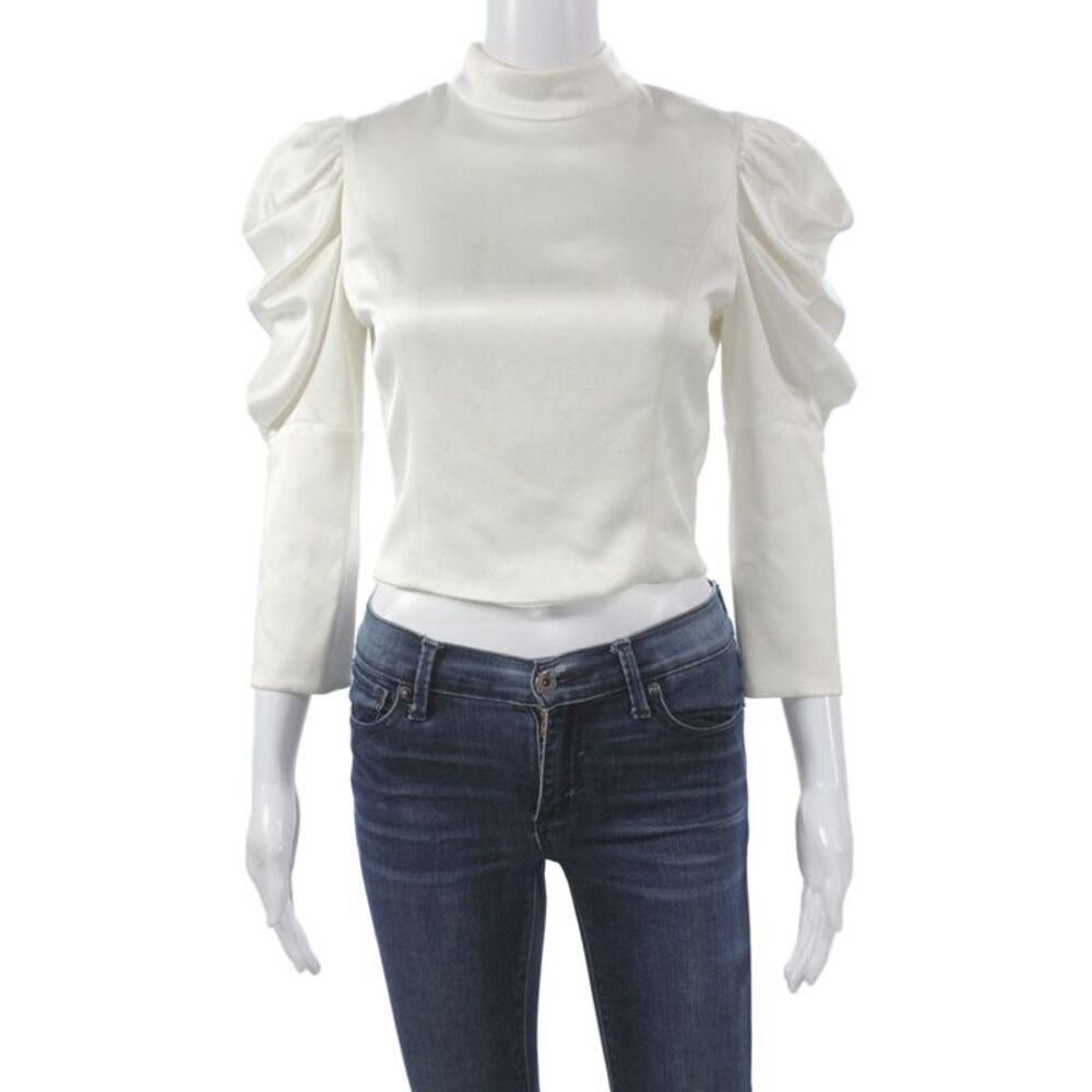 Alice + Olivia Womens Cropped High Neck 3/4 Sleeve Zip White Blouse Size 6